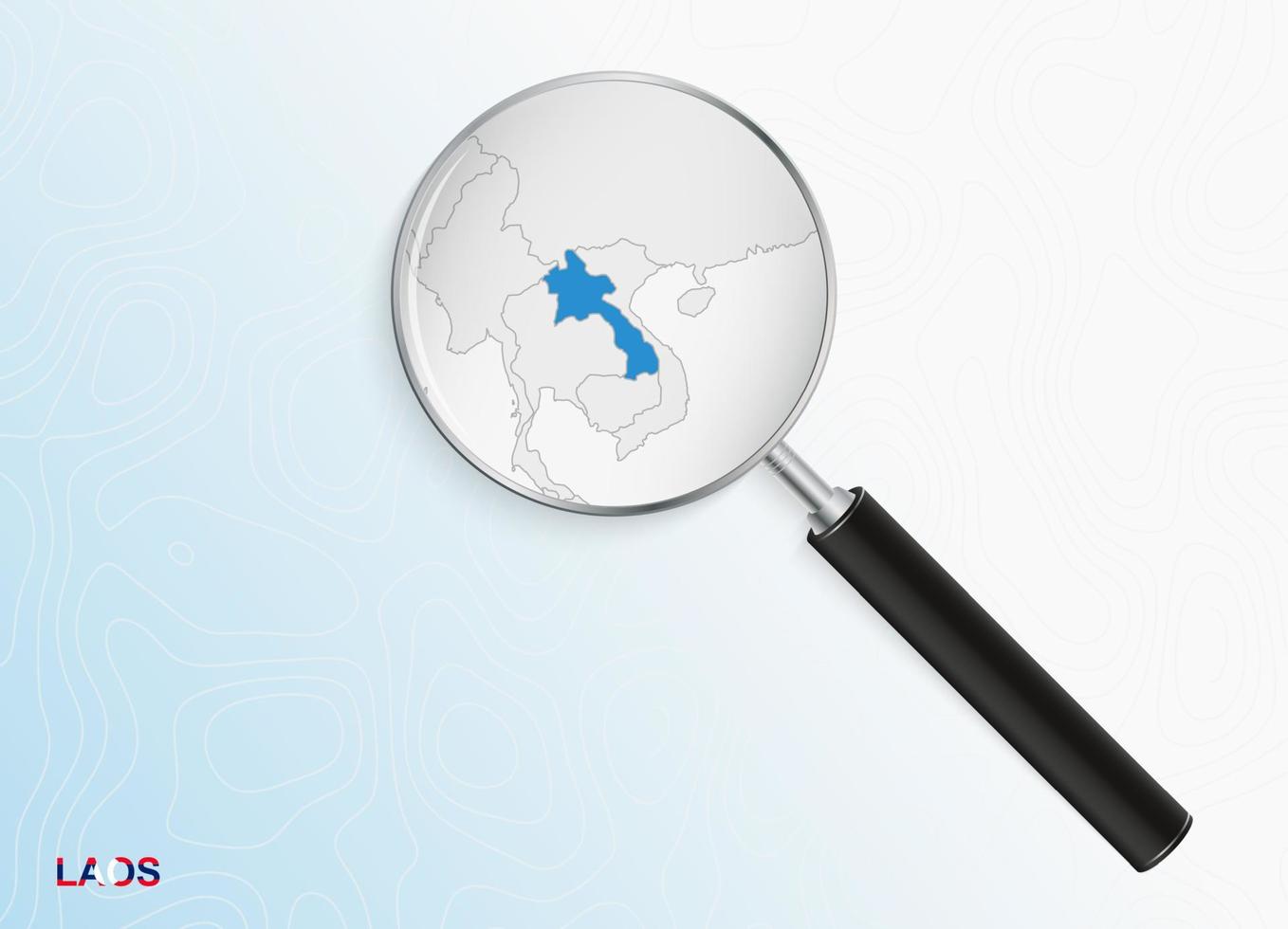 Magnifier with map of Laos on abstract topographic background. vector