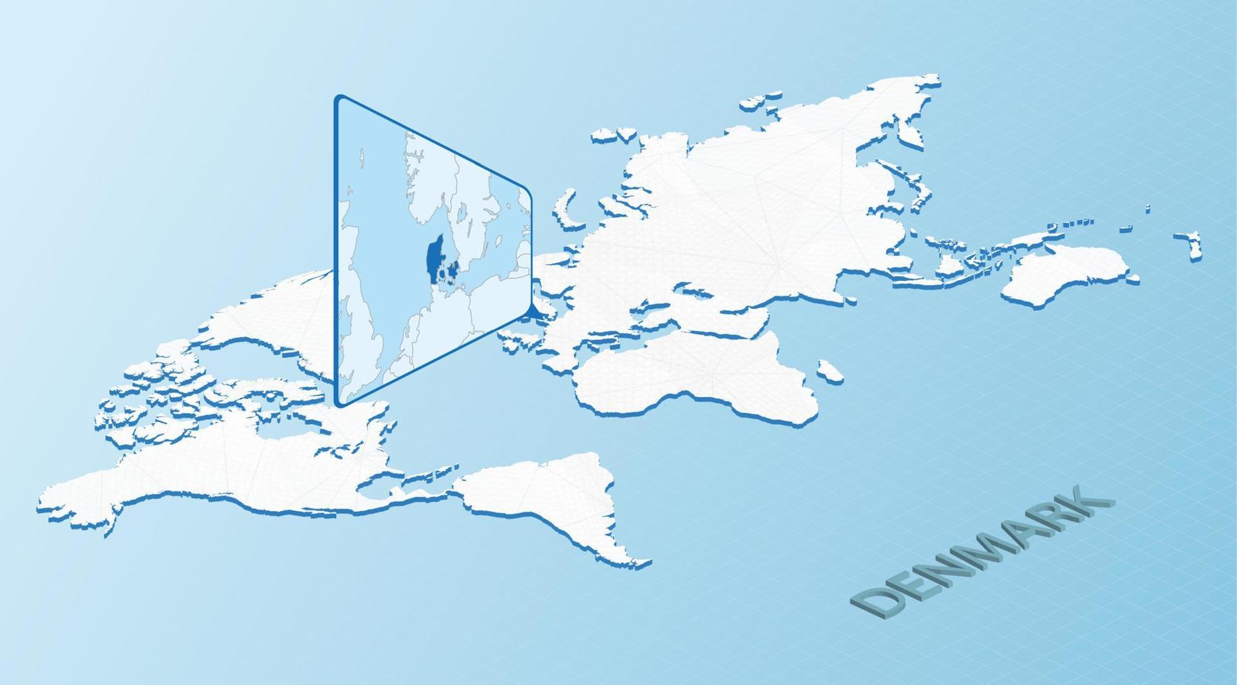 mapa mundial en estilo isométrico con mapa detallado de dinamarca. mapa de dinamarca azul claro con mapa del mundo abstracto. vector