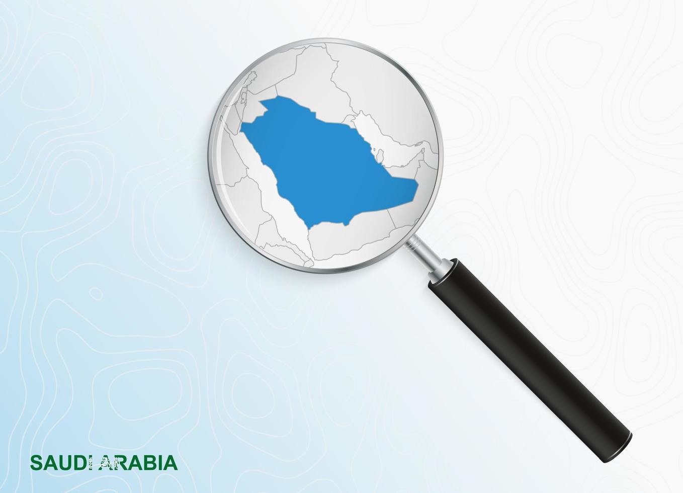 Magnifier with map of Saudi Arabia on abstract topographic background. vector