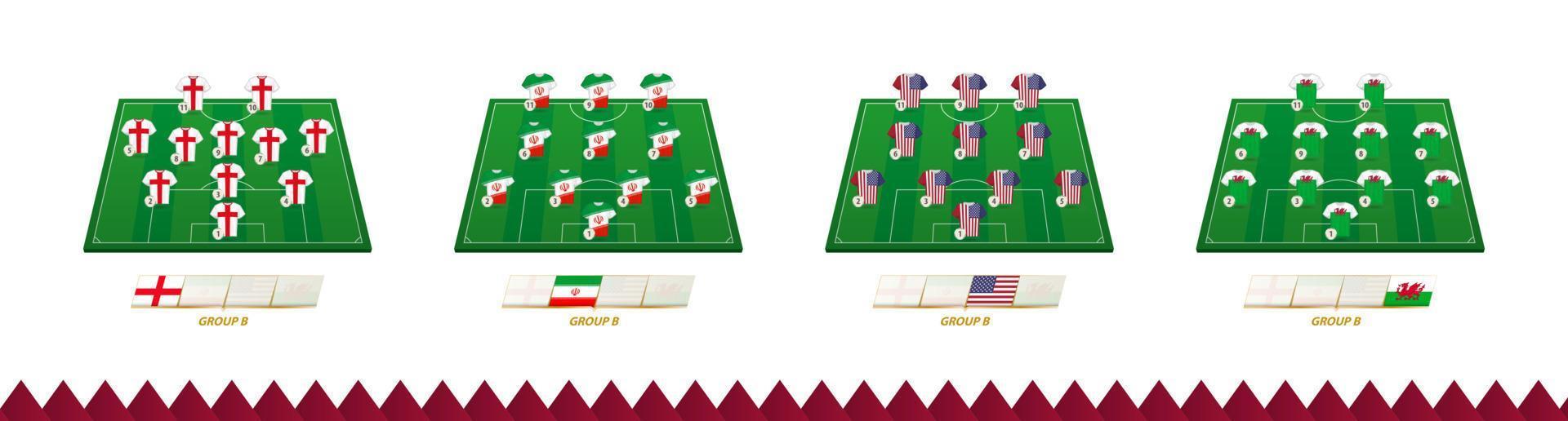 Football field with team lineup for Group B of soccer competition. vector