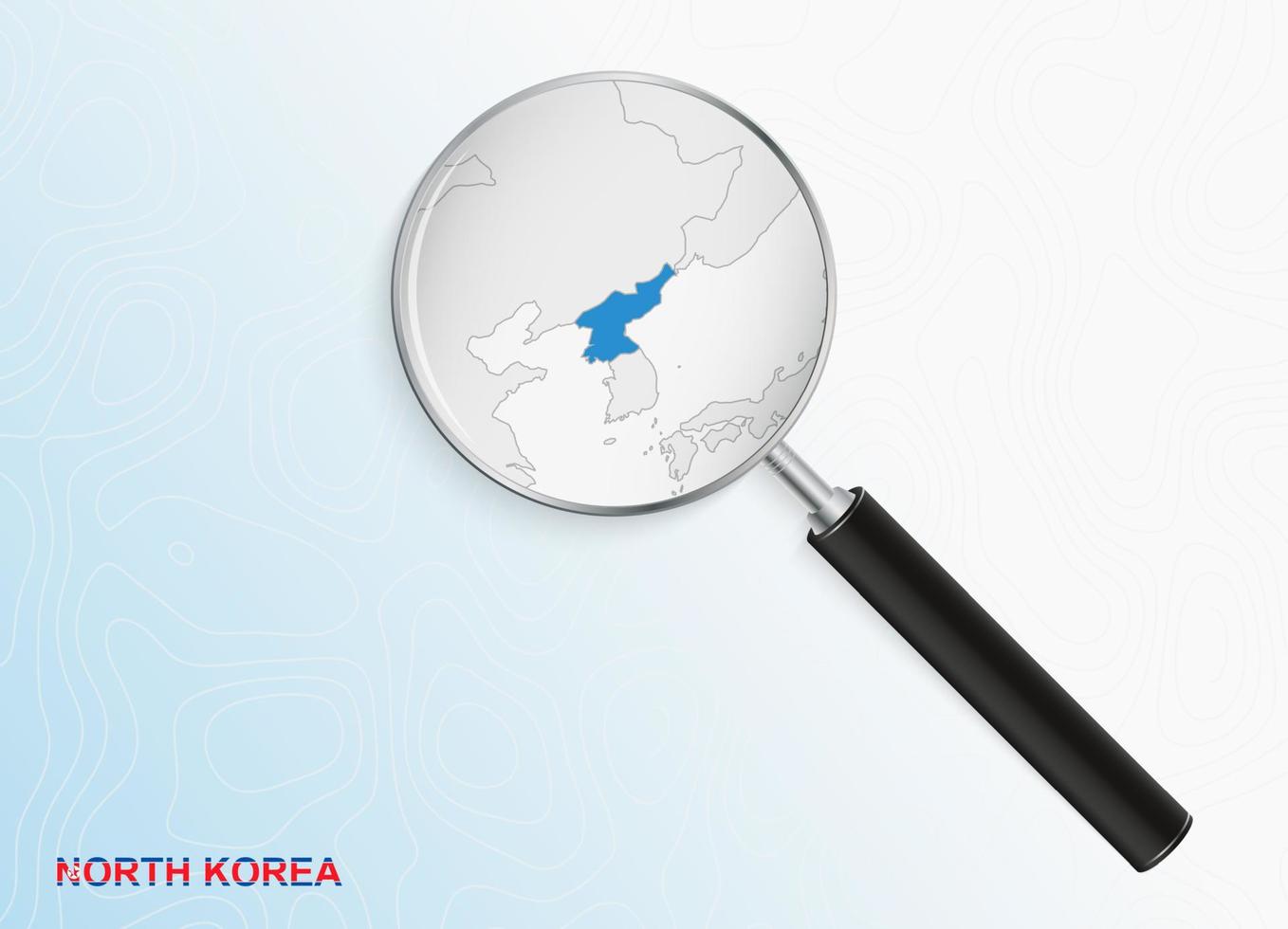 lupa con mapa de corea del norte sobre fondo topográfico abstracto. vector