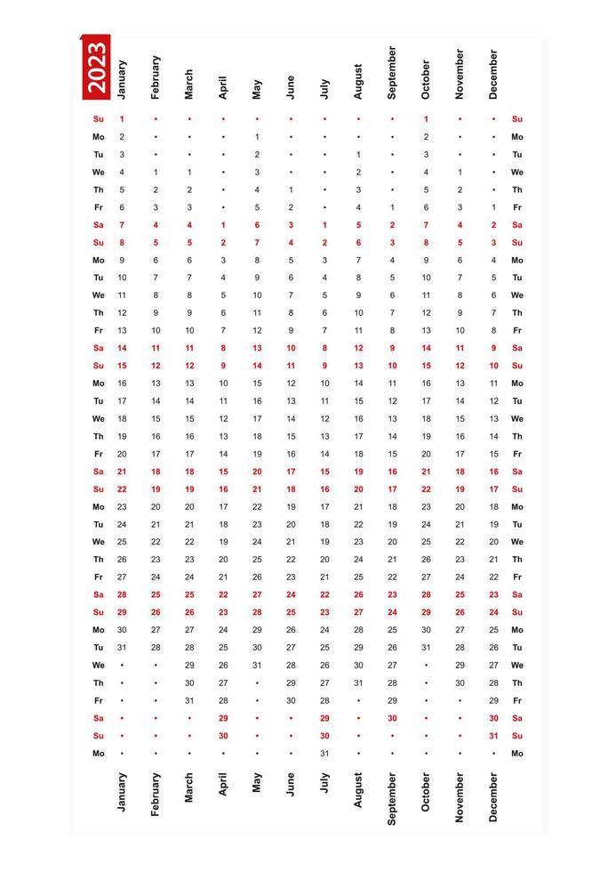 One row vertical calendar 2023, sunday first day of the week. vector