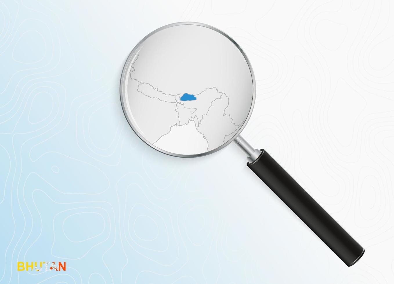 Magnifier with map of Bhutan on abstract topographic background. vector