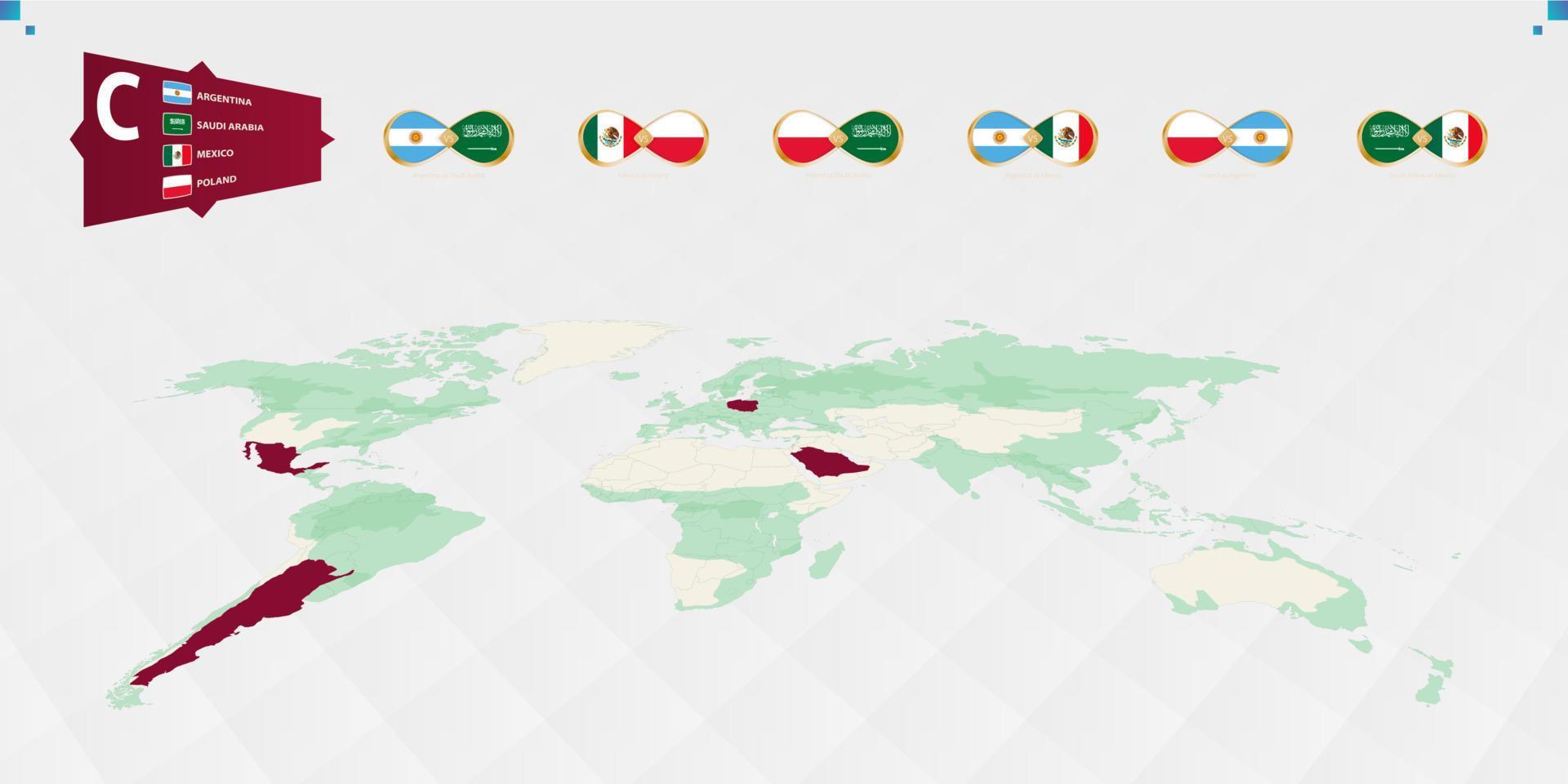 Participants in Group C of the football tournament, highlighted in burgundy on the world map. All group games. vector