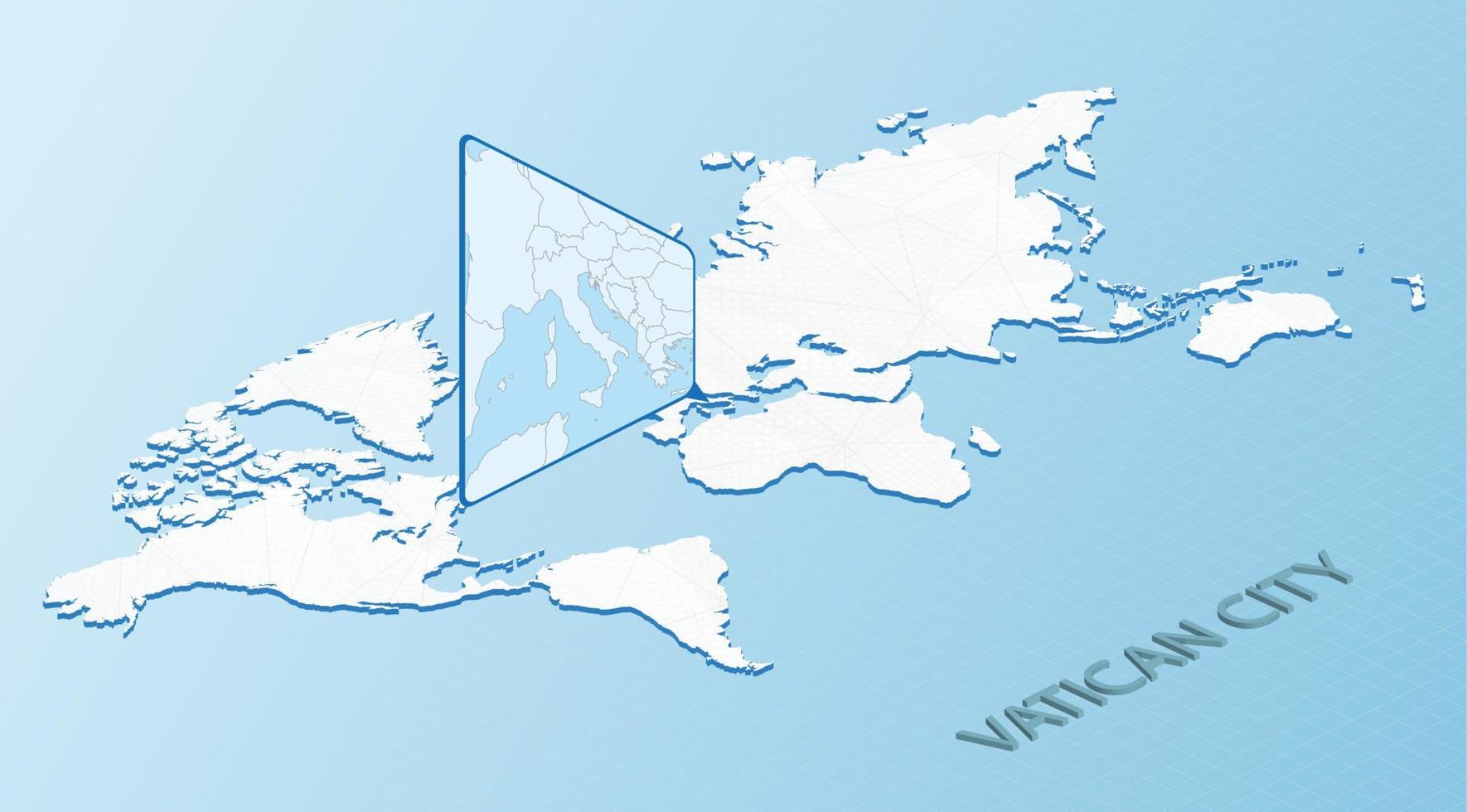 mapa mundial en estilo isométrico con mapa detallado de la ciudad del vaticano. mapa azul claro de la ciudad del vaticano con un mapa del mundo abstracto. vector