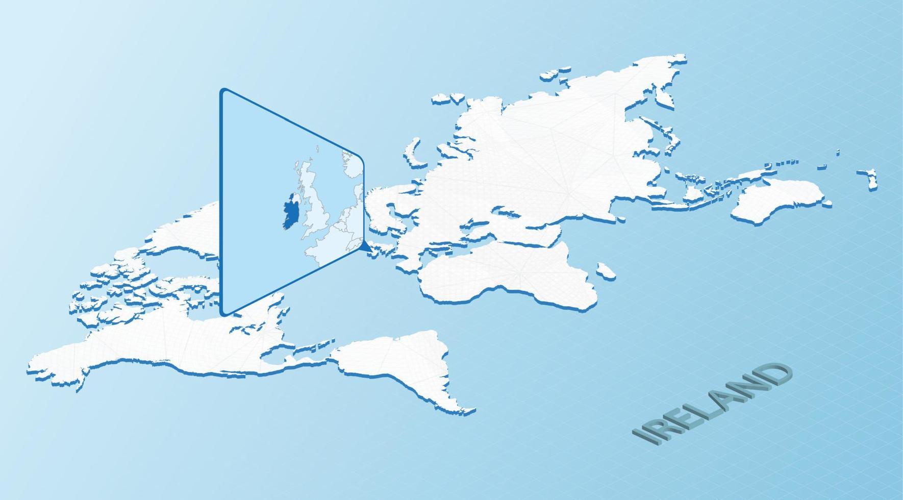 mapa mundial en estilo isométrico con mapa detallado de irlanda. mapa azul claro de irlanda con un mapa del mundo abstracto. vector