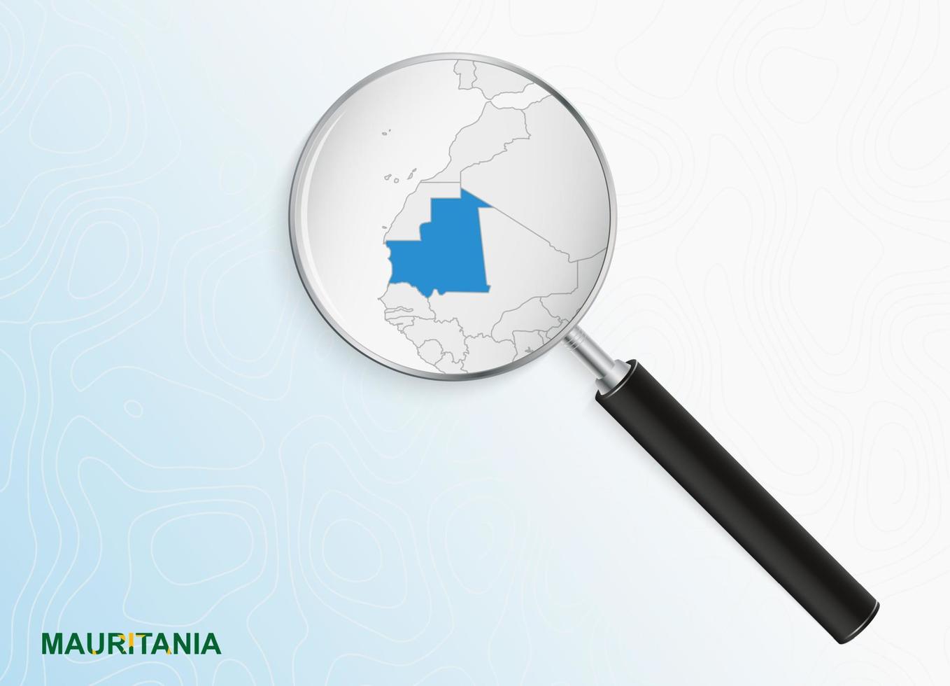 lupa con mapa de mauritania sobre fondo topográfico abstracto. vector