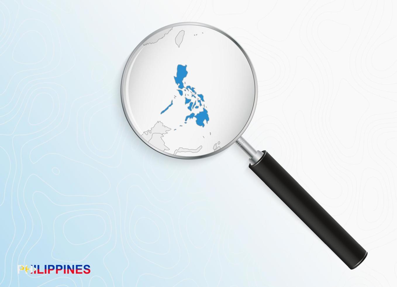 lupa con mapa de filipinas sobre fondo topográfico abstracto. vector