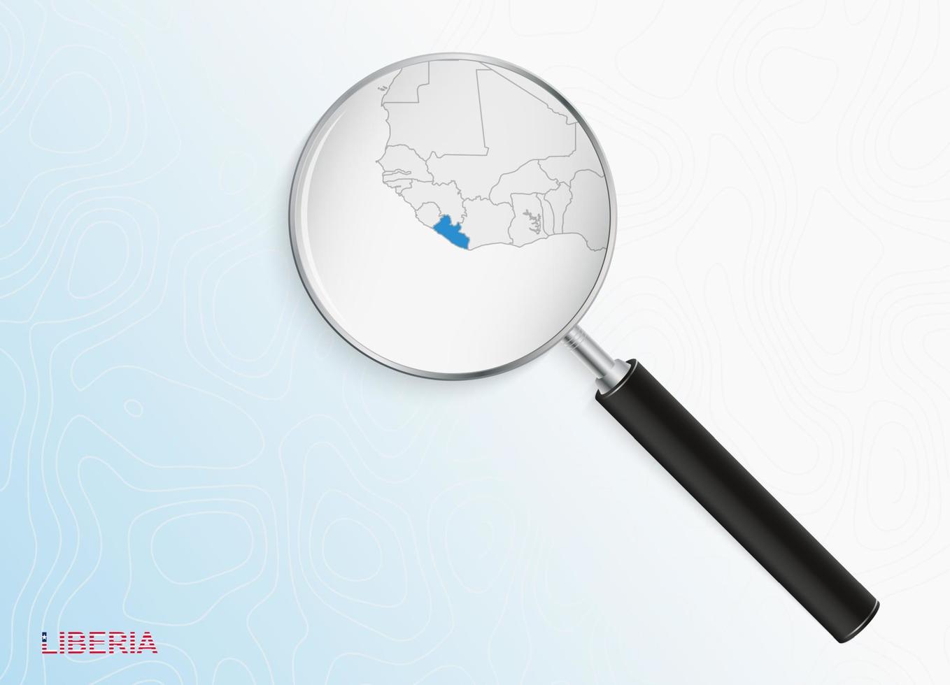Magnifier with map of Liberia on abstract topographic background. vector