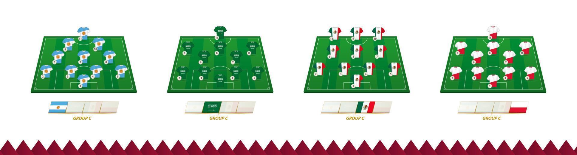 campo de fútbol con alineación de equipo para el grupo c de competición de fútbol. vector