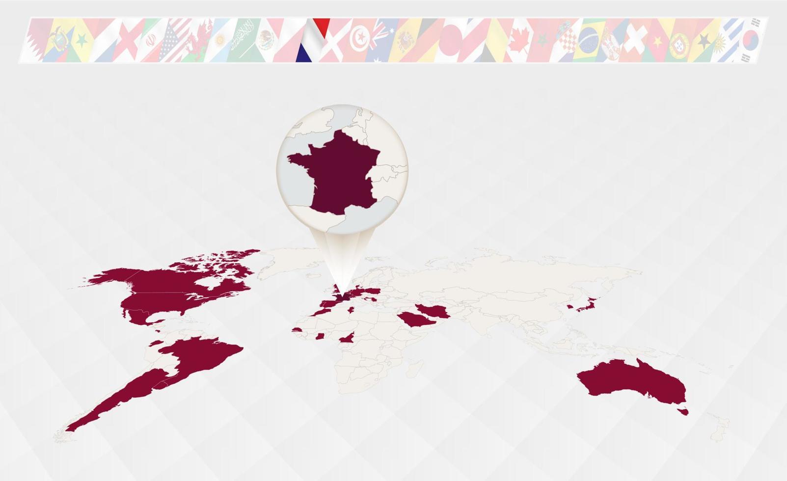 Enlarge the map of France selected on the perspective world map, Infographics about the participants in soccer tournament. vector