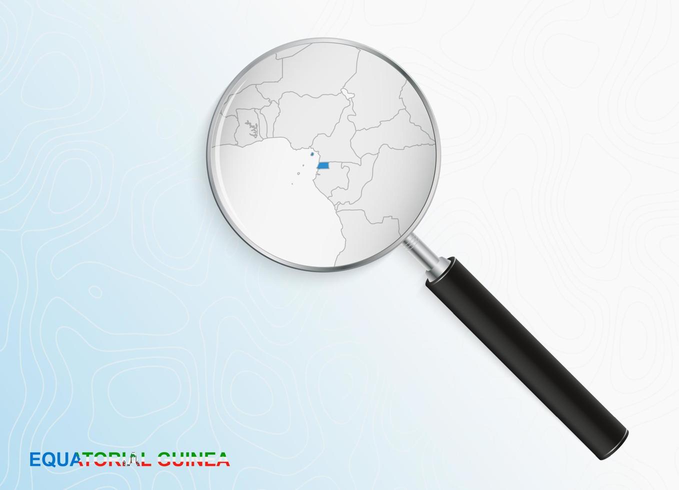 Magnifier with map of Equatorial Guinea on abstract topographic background. vector