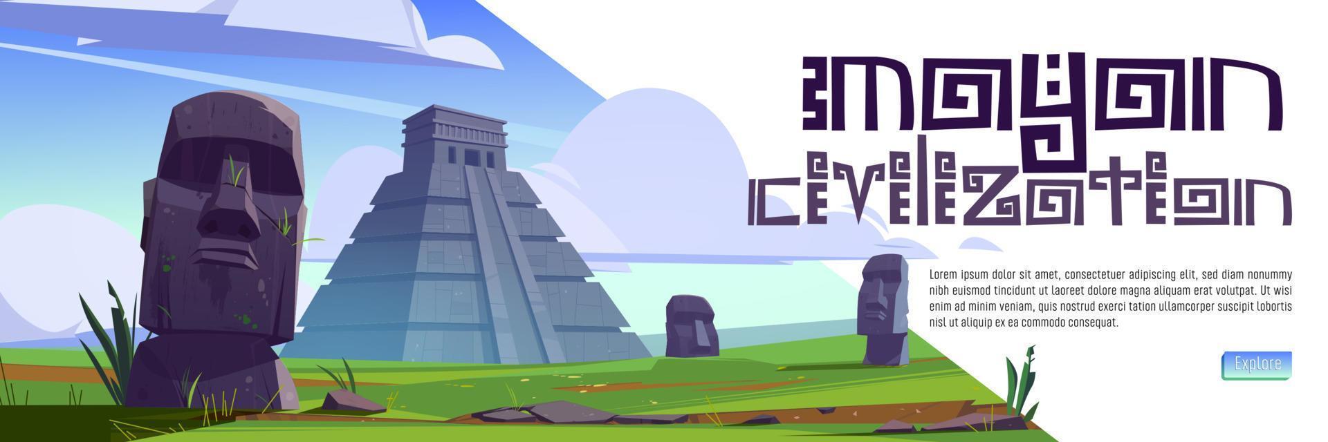 banner web de dibujos animados de civilización maya con estatuas vector
