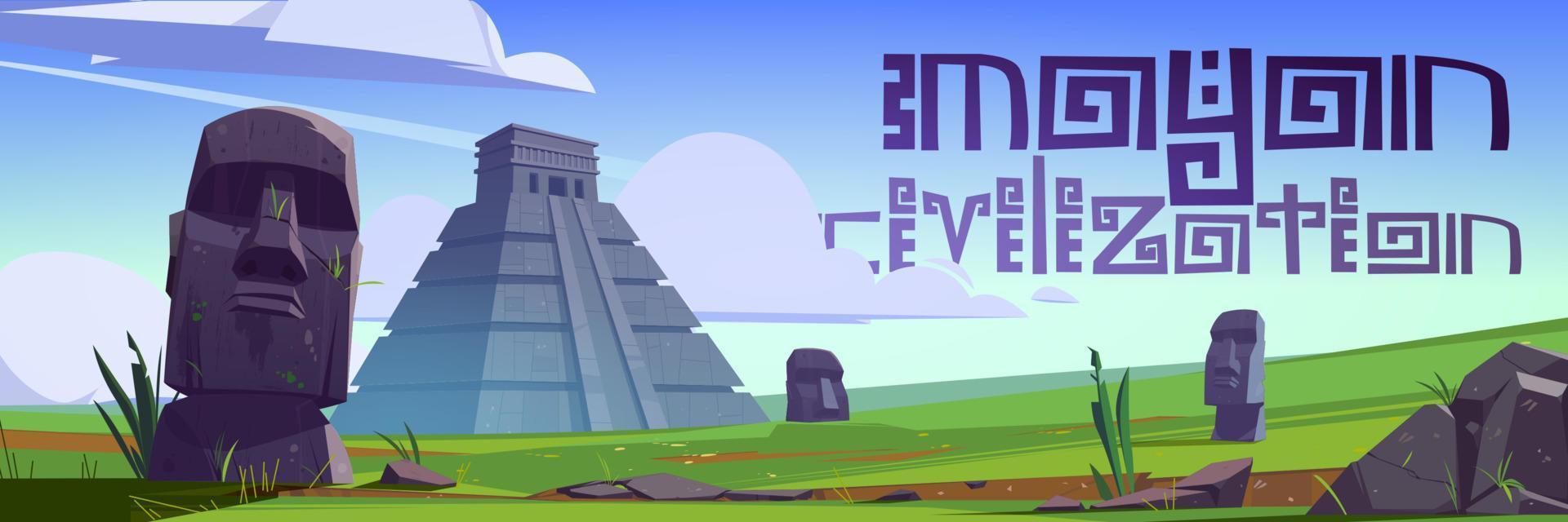 Mayan civilization landmarks and moai statues vector