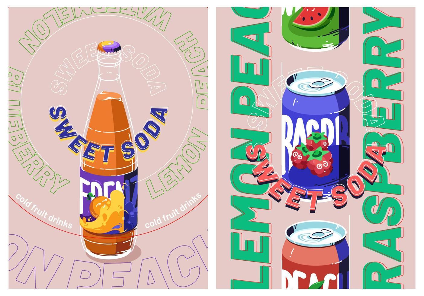 Sweet soda ads with drink in bottle and tin can vector