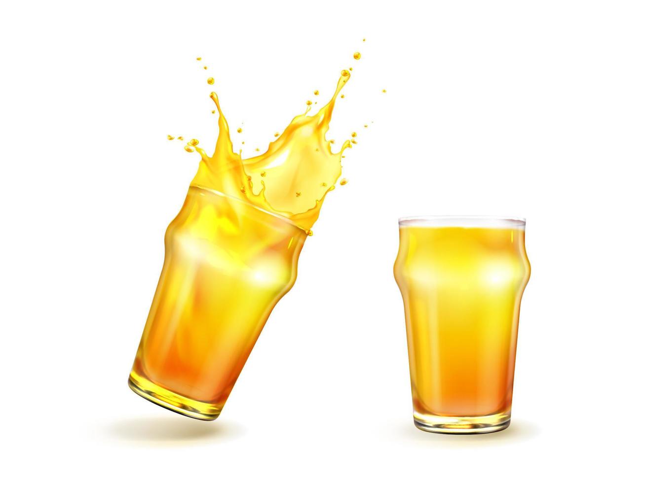 Splashing orange juice with drops in glass, vector