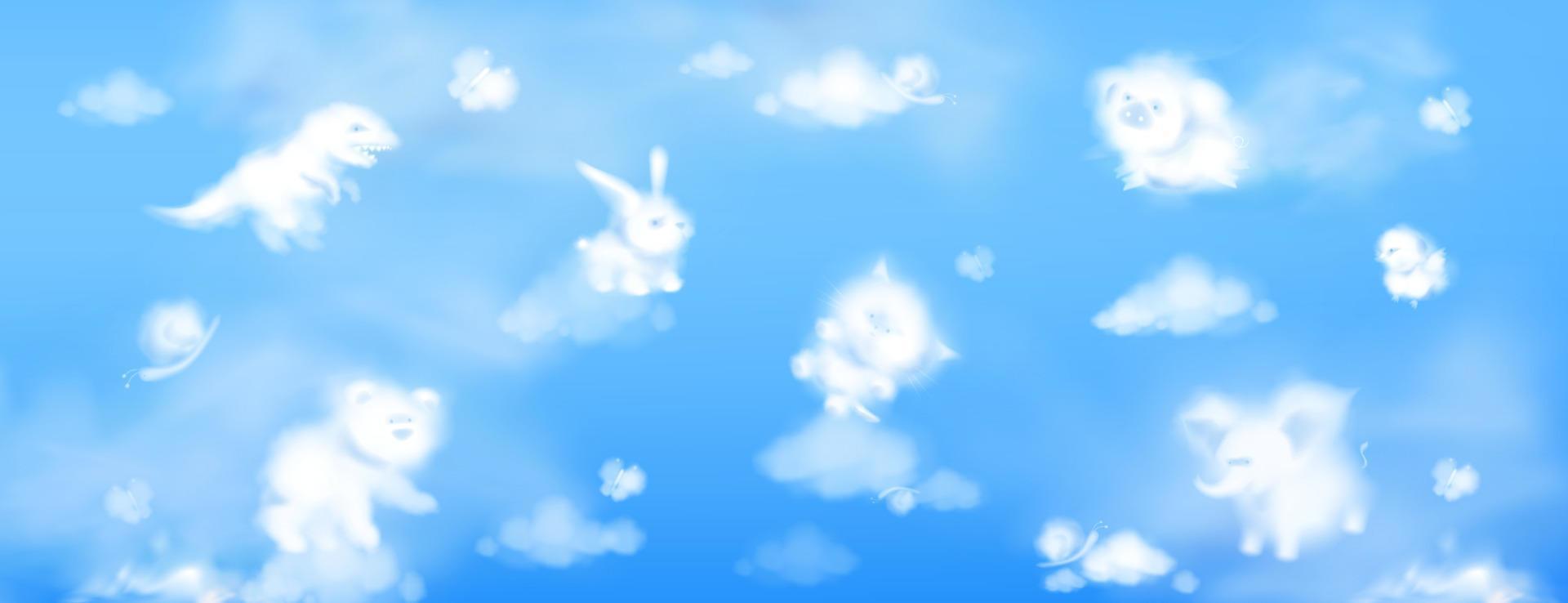 White clouds in shape of cute animals in sky vector