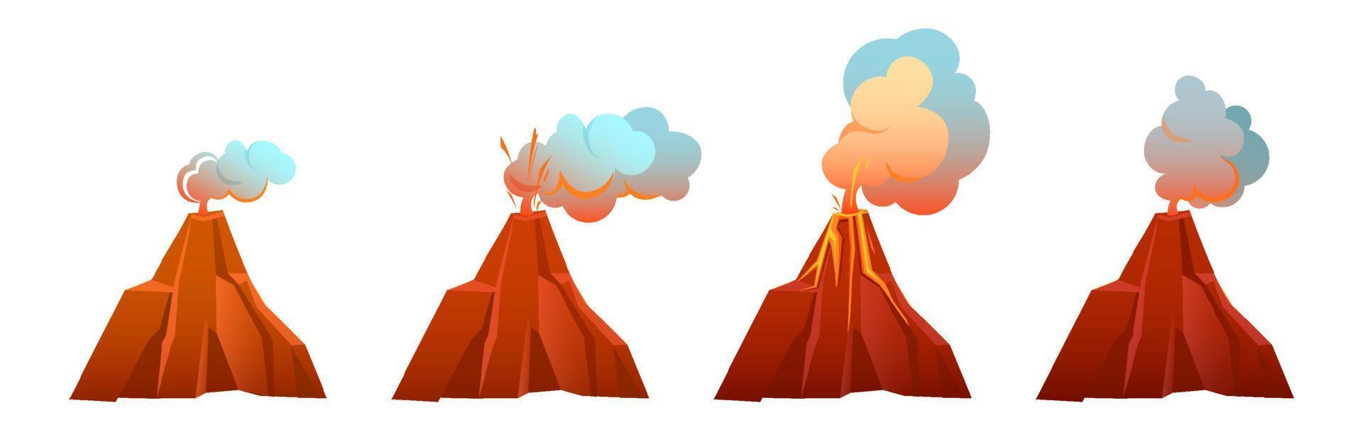 erupción volcánica en diferentes etapas vector