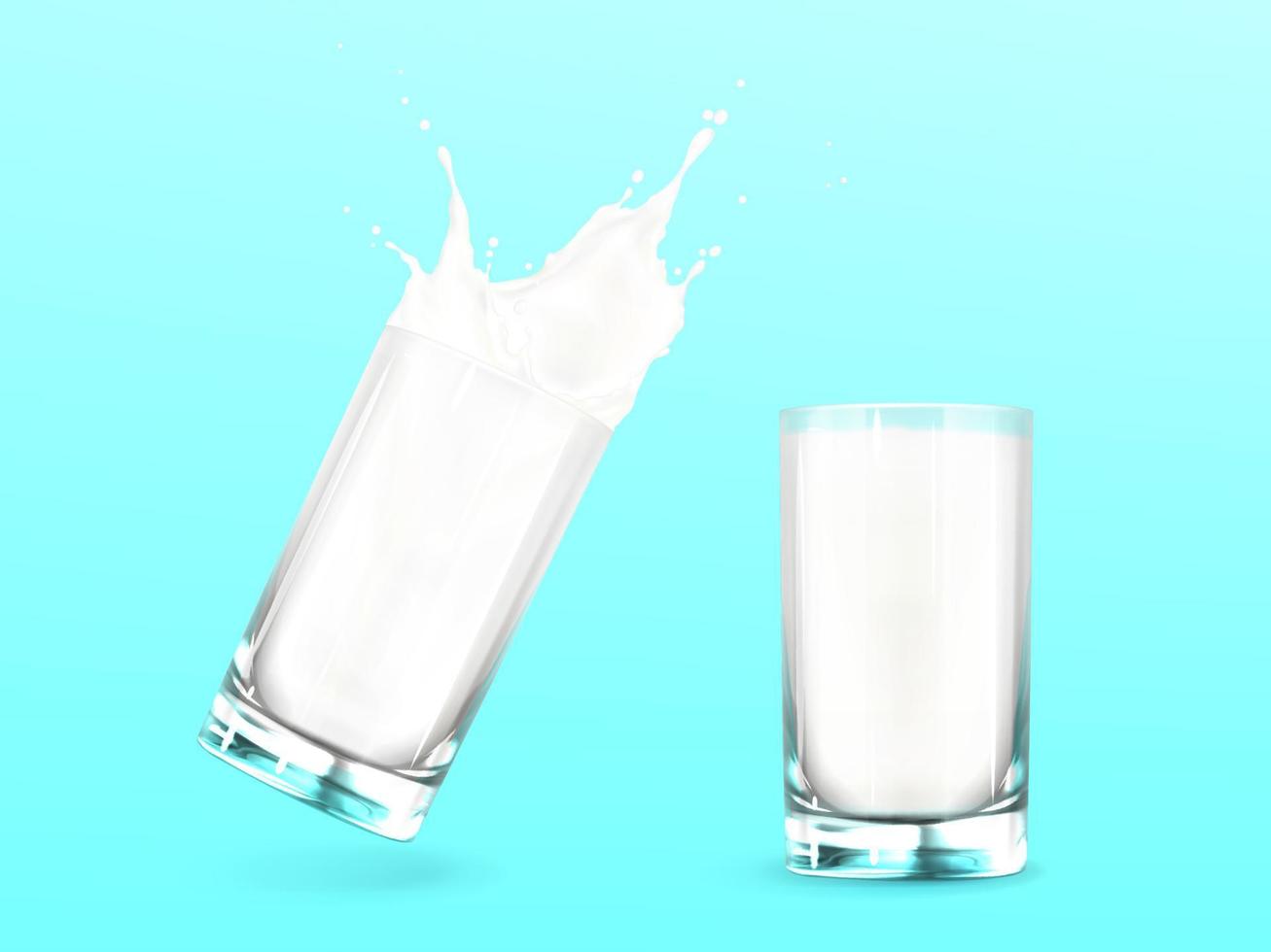 leche en vaso con salpicadura, bebida láctea blanca vector