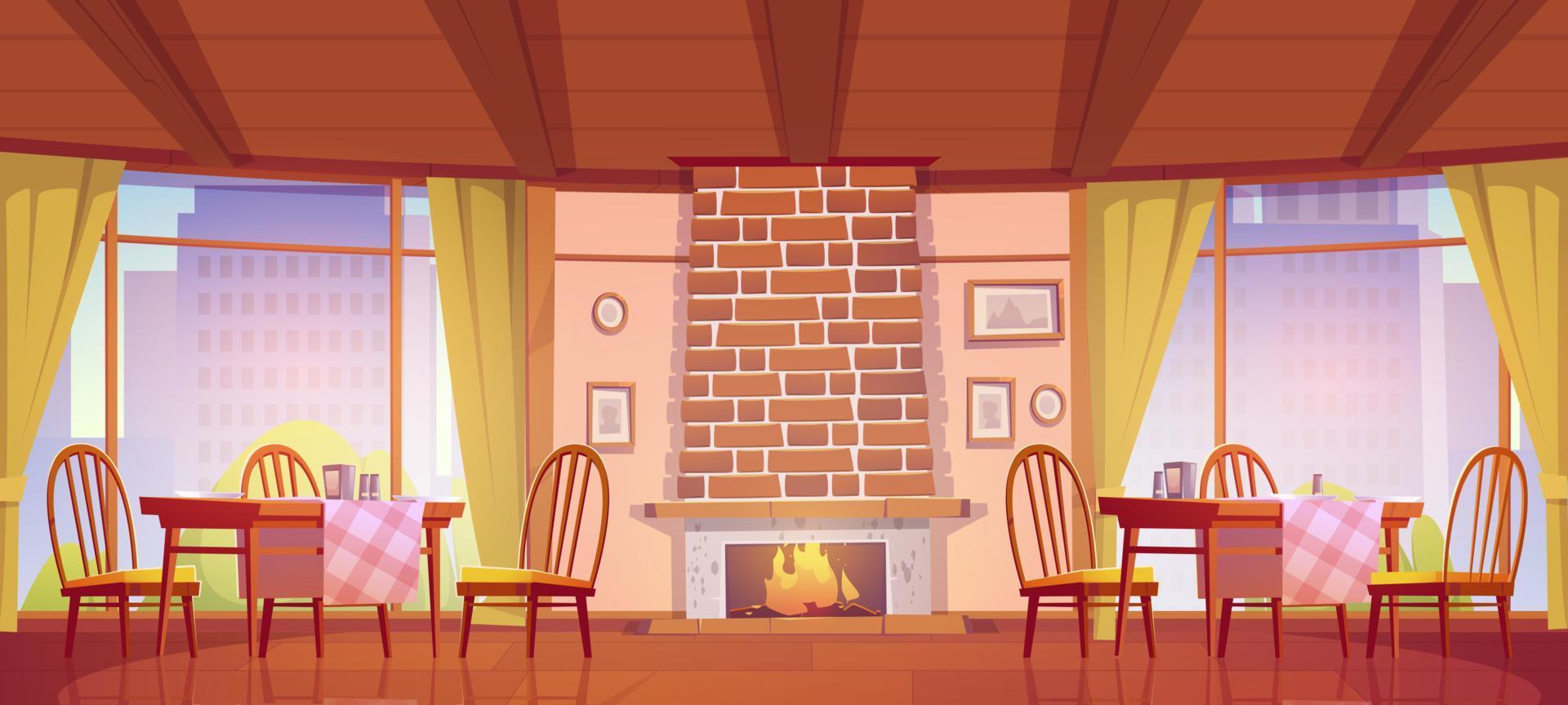 Cozy cafe or restaurant with fireplace and windows vector
