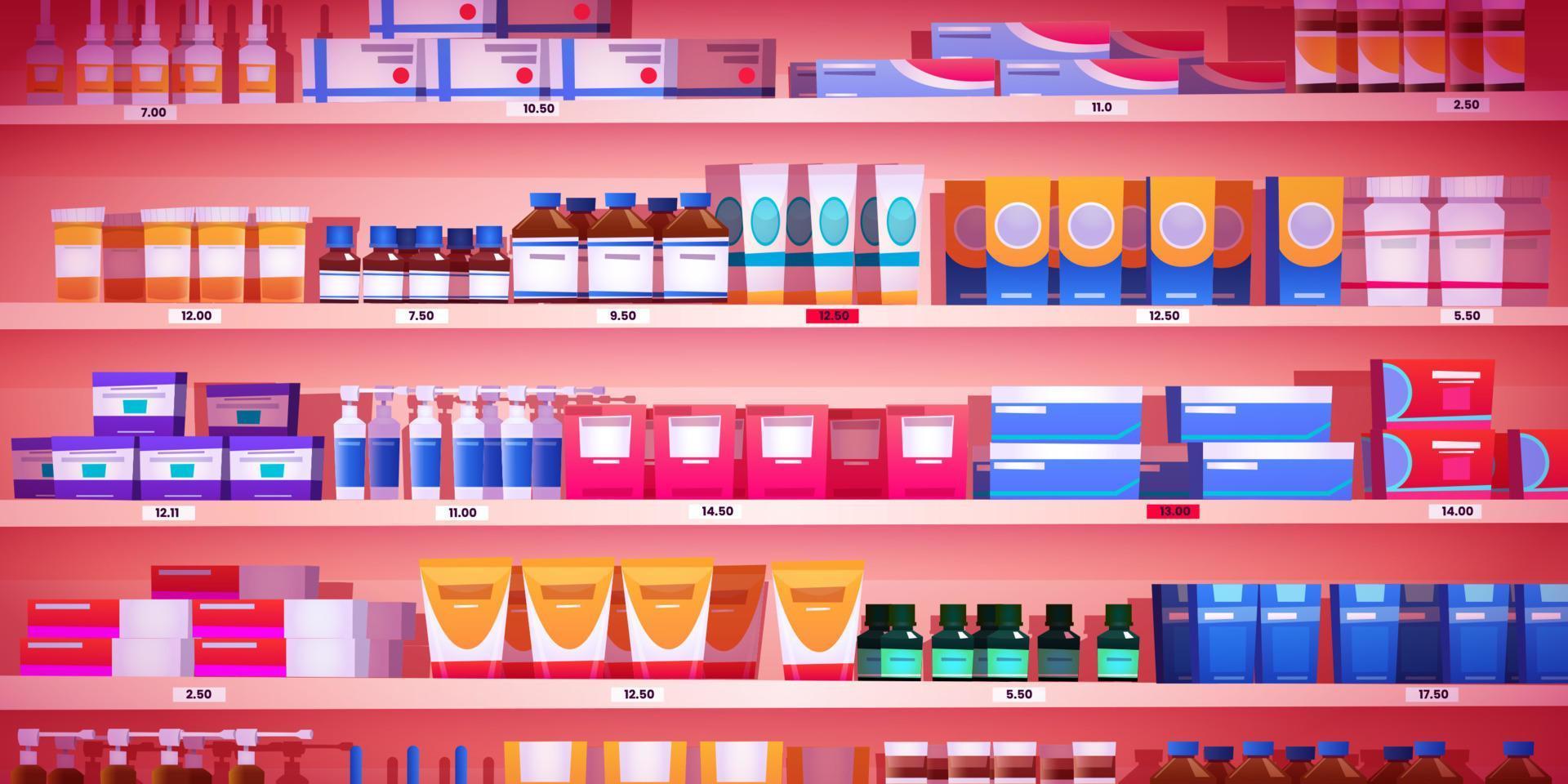 Medicine shelf. Pharmacy showcase. Vector illustration background with  formacology products. 9358186 Vector Art at Vecteezy