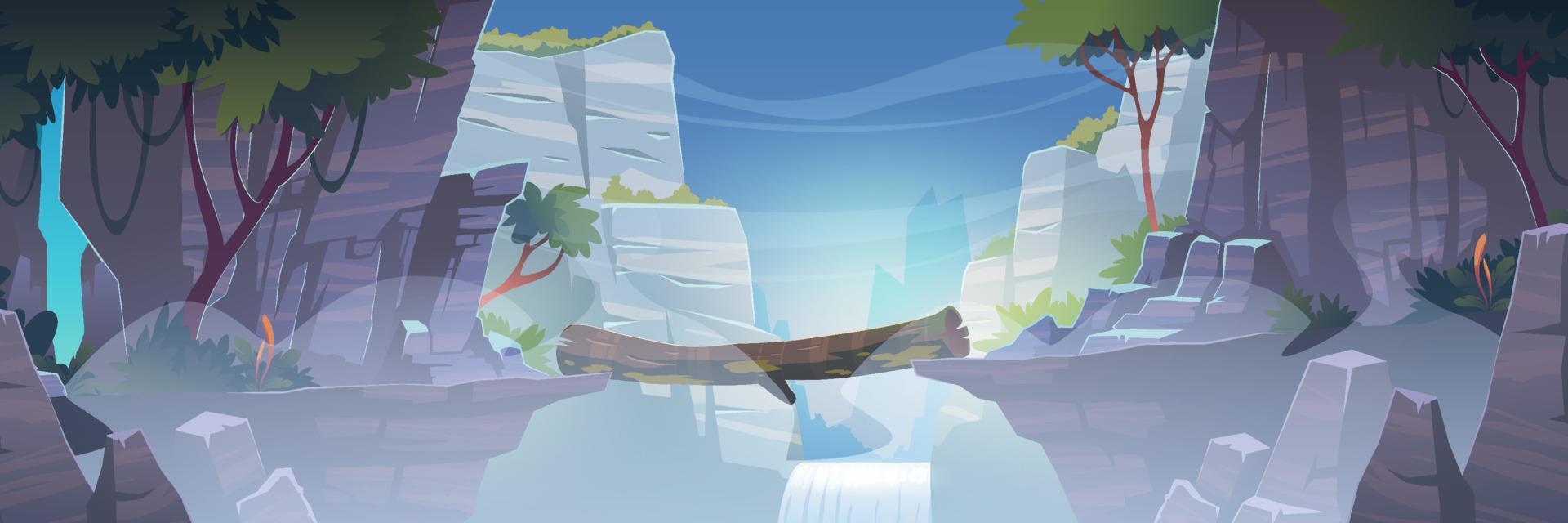 Mountain landscape with log bridge above river vector