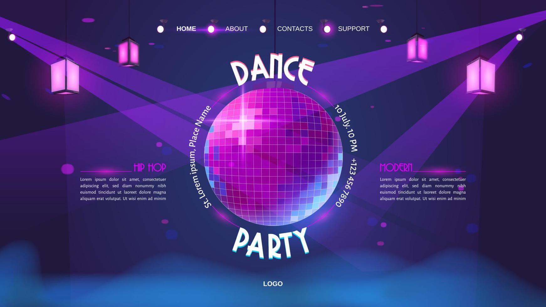 Dance party cartoon landing page with disco ball vector