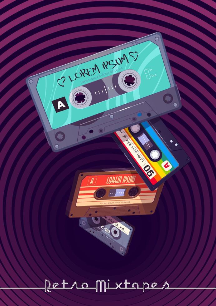 Retro mixtapes cartoon poster with audio mix tapes vector