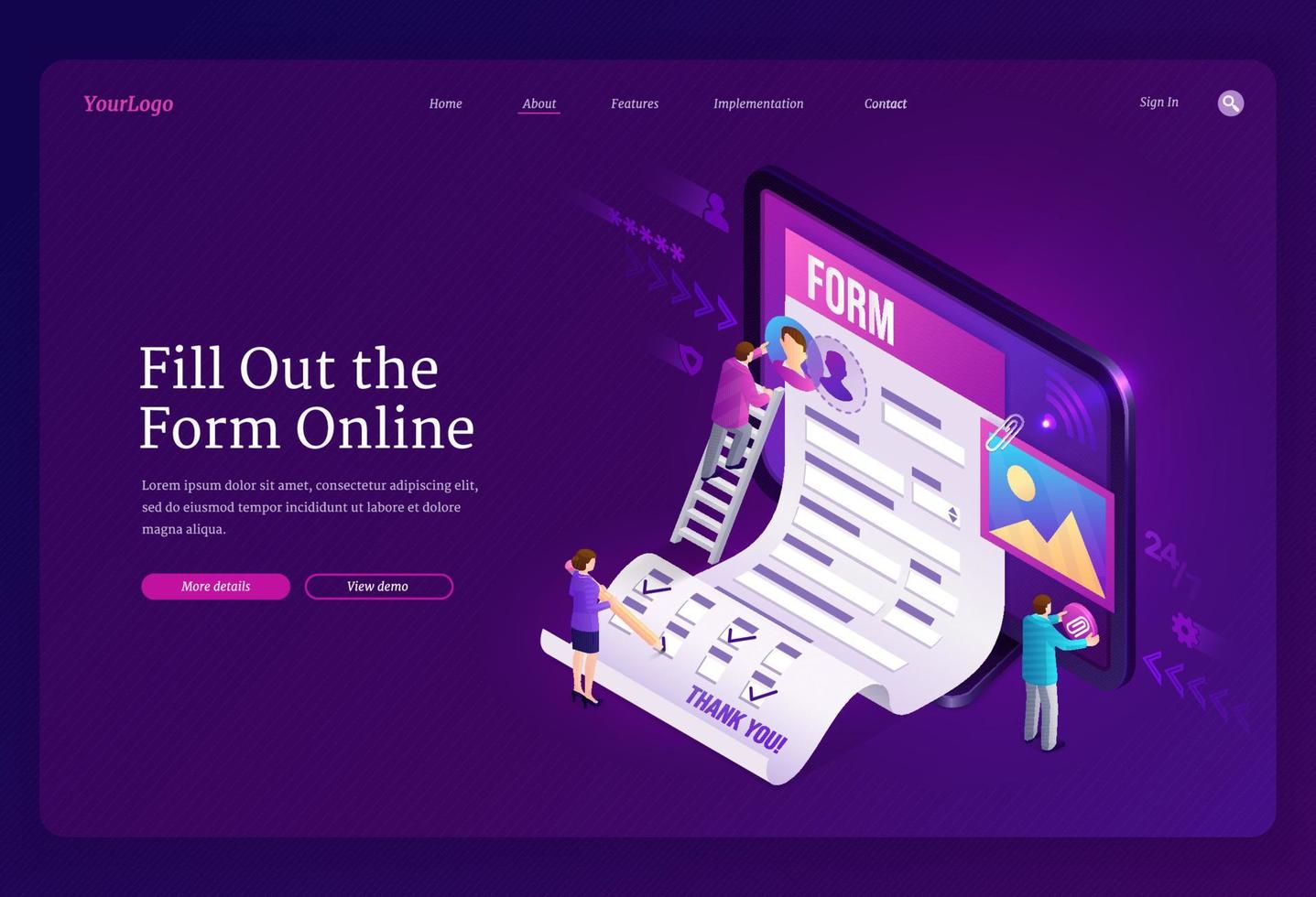 Online form fill out isometric landing online quiz vector