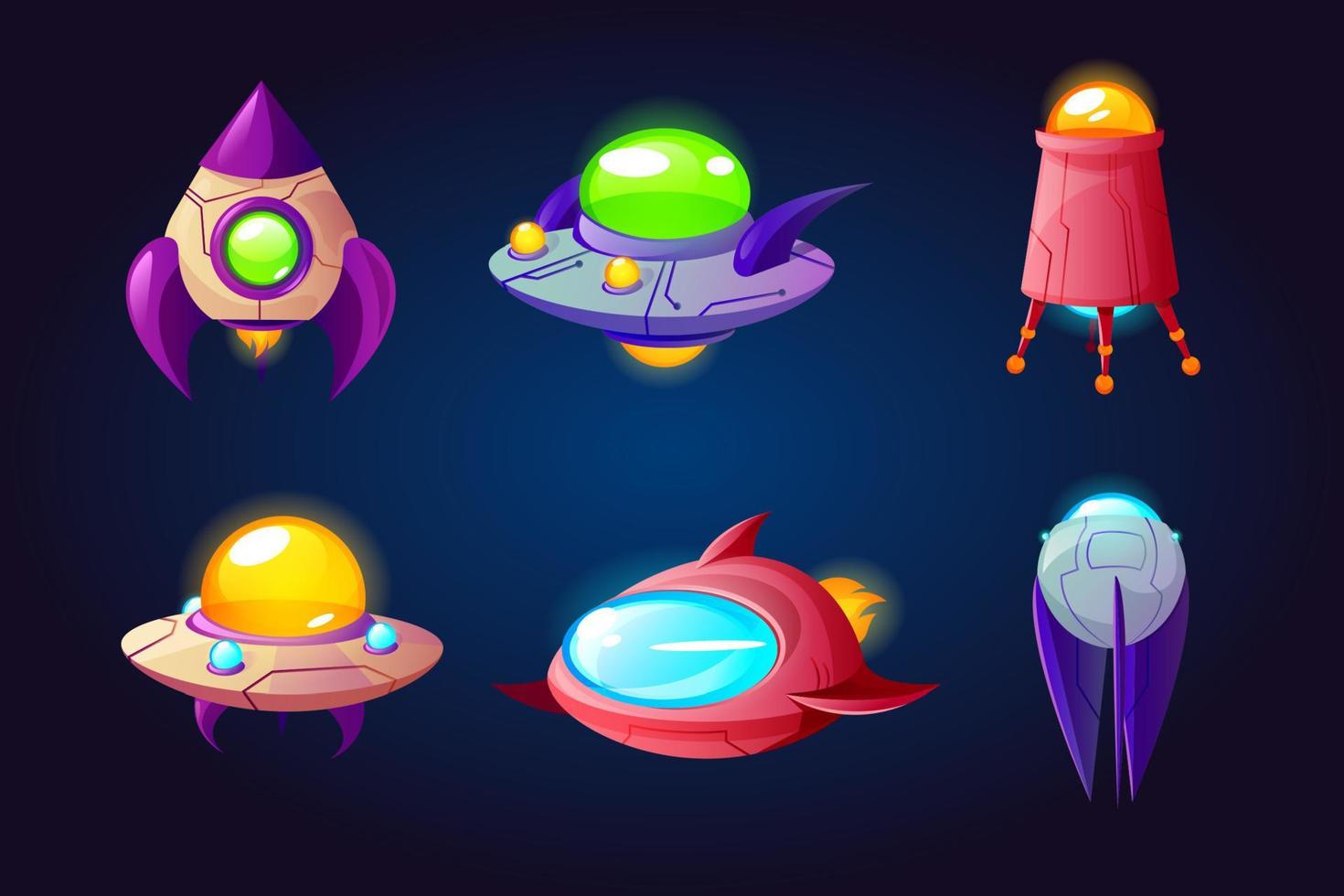 Alien space ships, ufo rockets, fantasy shuttles vector