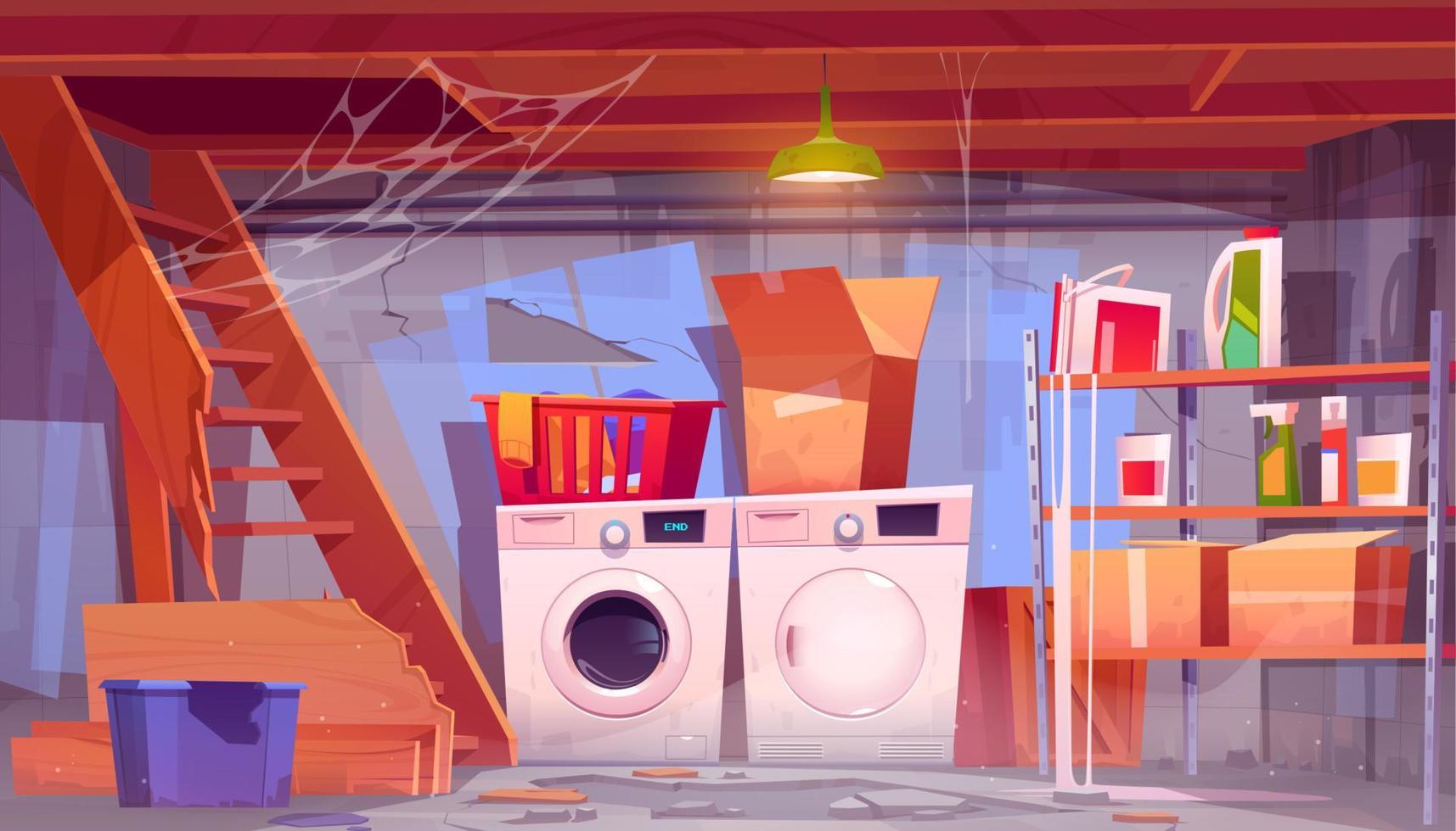 Storage room with laundry in house basement vector