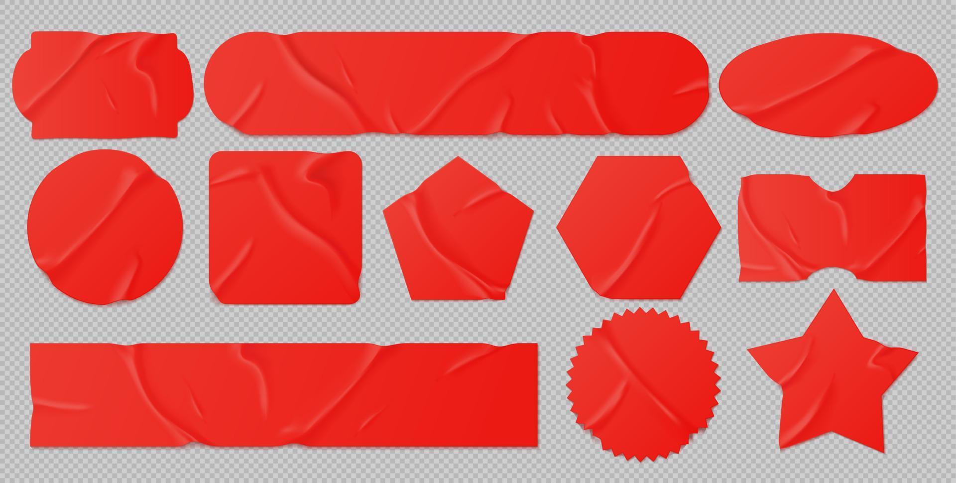 Red glued stickers, crumpled paper patches mockup vector