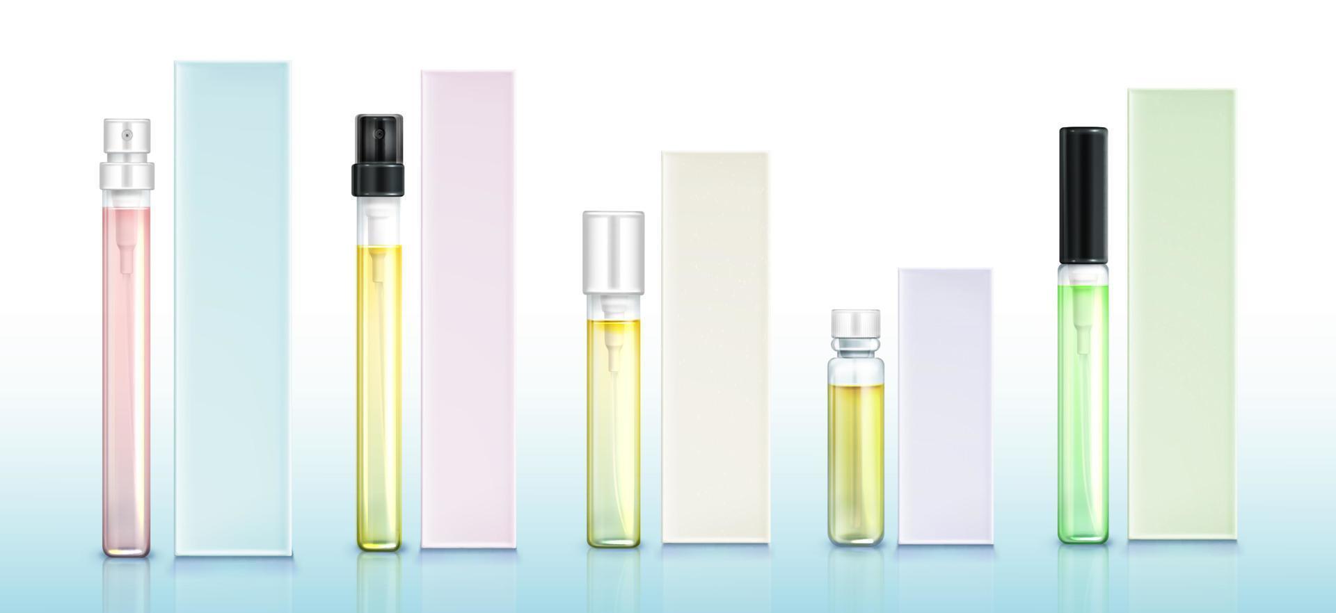 botellas y cajas de muestra de perfume, conjunto de maquetas de aroma vector