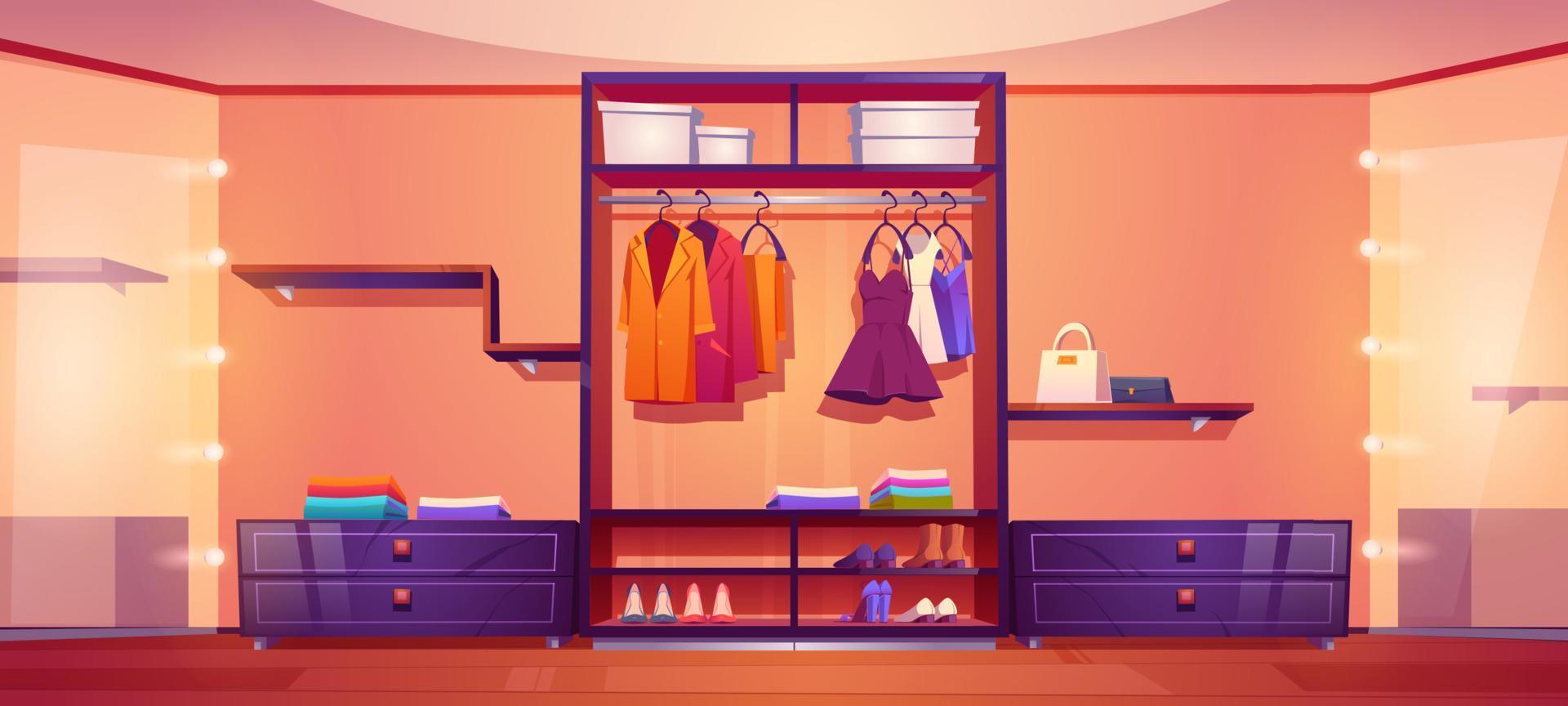 Walk-in closet or dressing room full of clothes vector