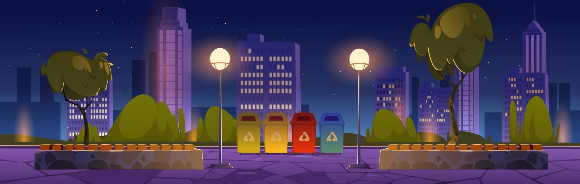 parque de la ciudad con contenedores de basura para basura separada vector