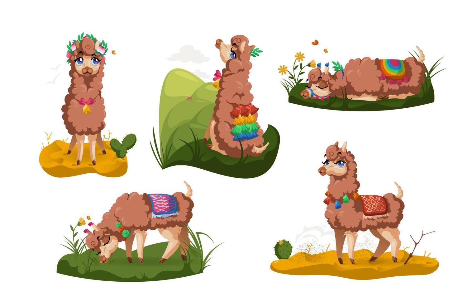 Llama, Peru alpaca animal cartoon set. Cute lama vector