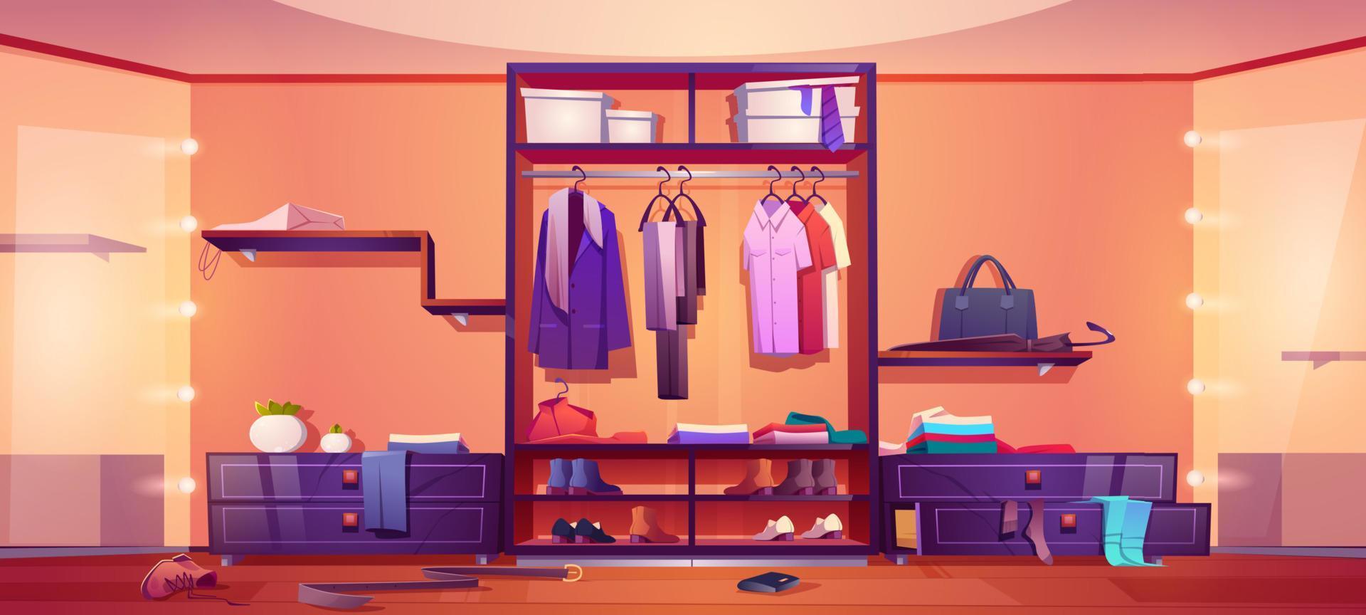 Messy walk-in closet, dressing room interior. vector