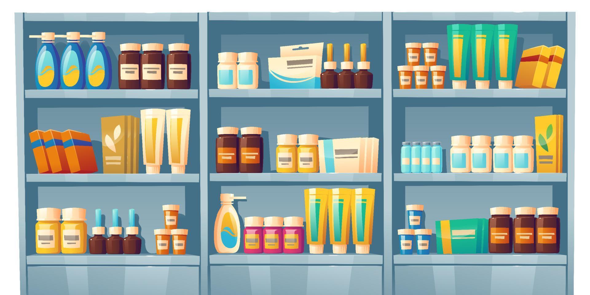 Pharmacy shelves with medicines. Concept of pharmaceutics and medication.  Seamless pattern. Vector illustration. #Ad , #SPON…