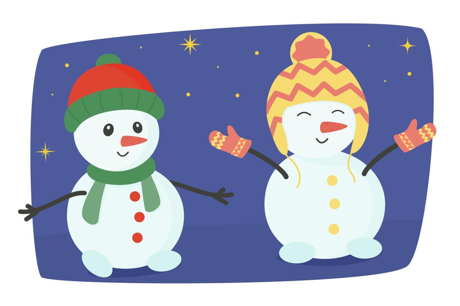 Cute snowmen. A set of vector characters on a starry sky background.