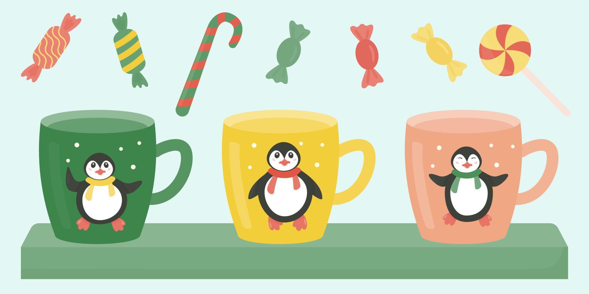 tazas con divertidos pingüinos. dulces, caramelos. ilustración vectorial con estilo plano. vector