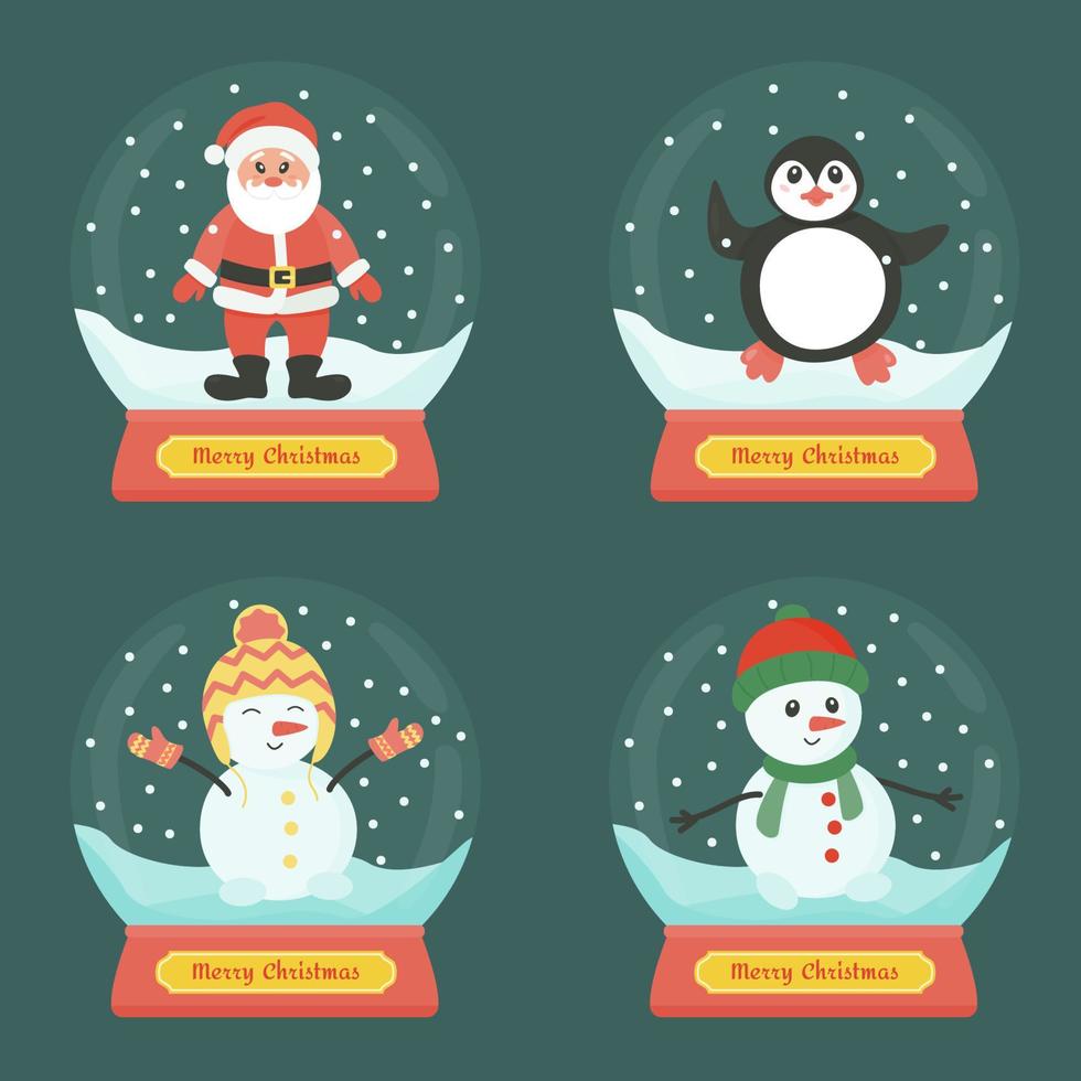 Winter in a glass ball. Snowman, Santa Claus, penguin on the background of snowdrifts and snow in a glass ball. Vector illustration with flat style..