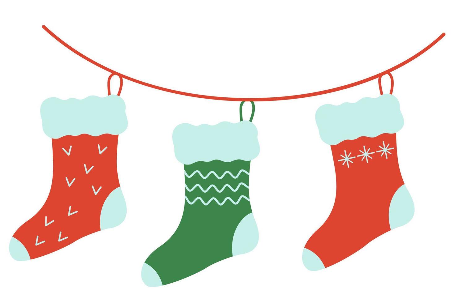 Christmas socks hanging on a rope. A colorful sock for winter holidays. Home decoration, gift for gift. Merry Christmas. Vector illustration of cute Christmas socks.