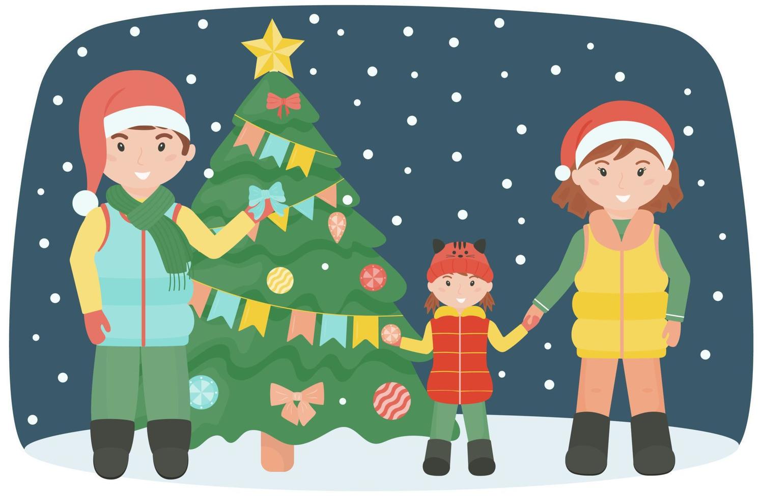 papá, mamá e hija decoran un árbol de navidad en la calle. decoración familiar de abeto para celebrar las vacaciones de invierno en un estilo plano. ilustración vectorial vector