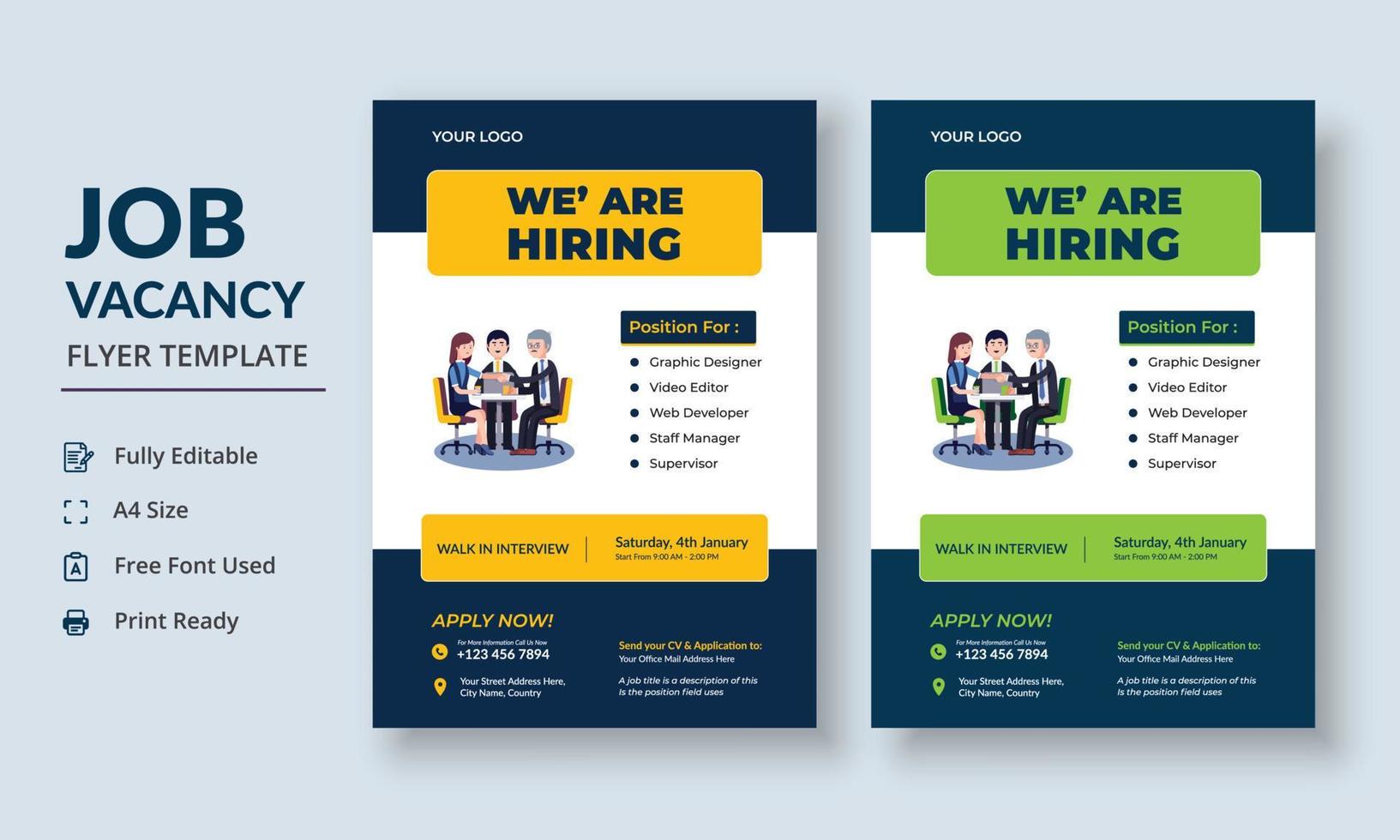 Job Vacancy Flyer Template, Job Recruitment Flyer, We are Hiring Job Flyer Template vector