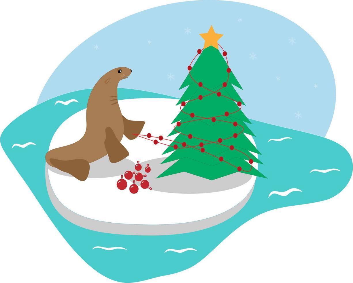 sello navideño lobo marino con árbol de navidad en témpano de hielo vector