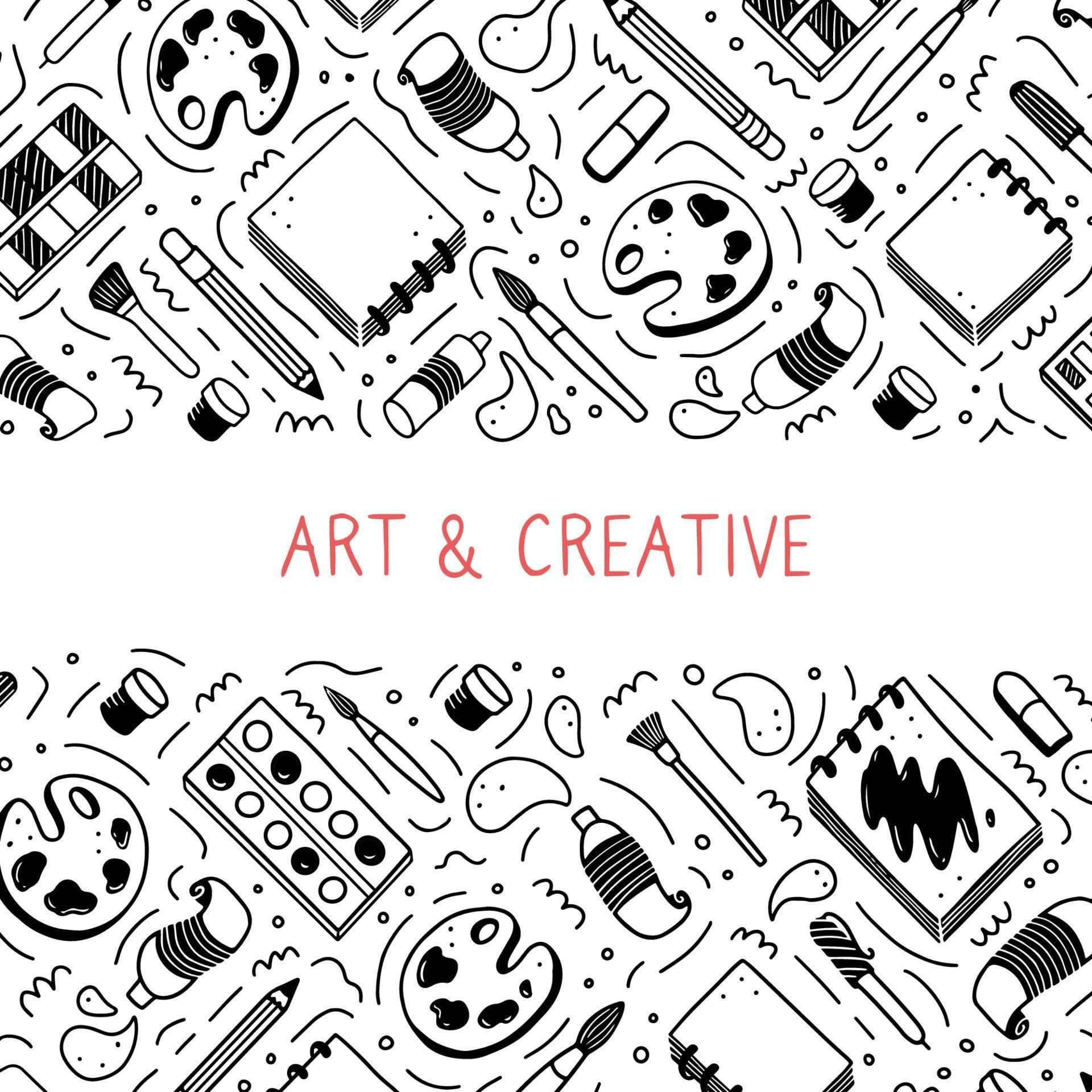 Hand drawn set of creatives, visual art themes doodle element. Vector