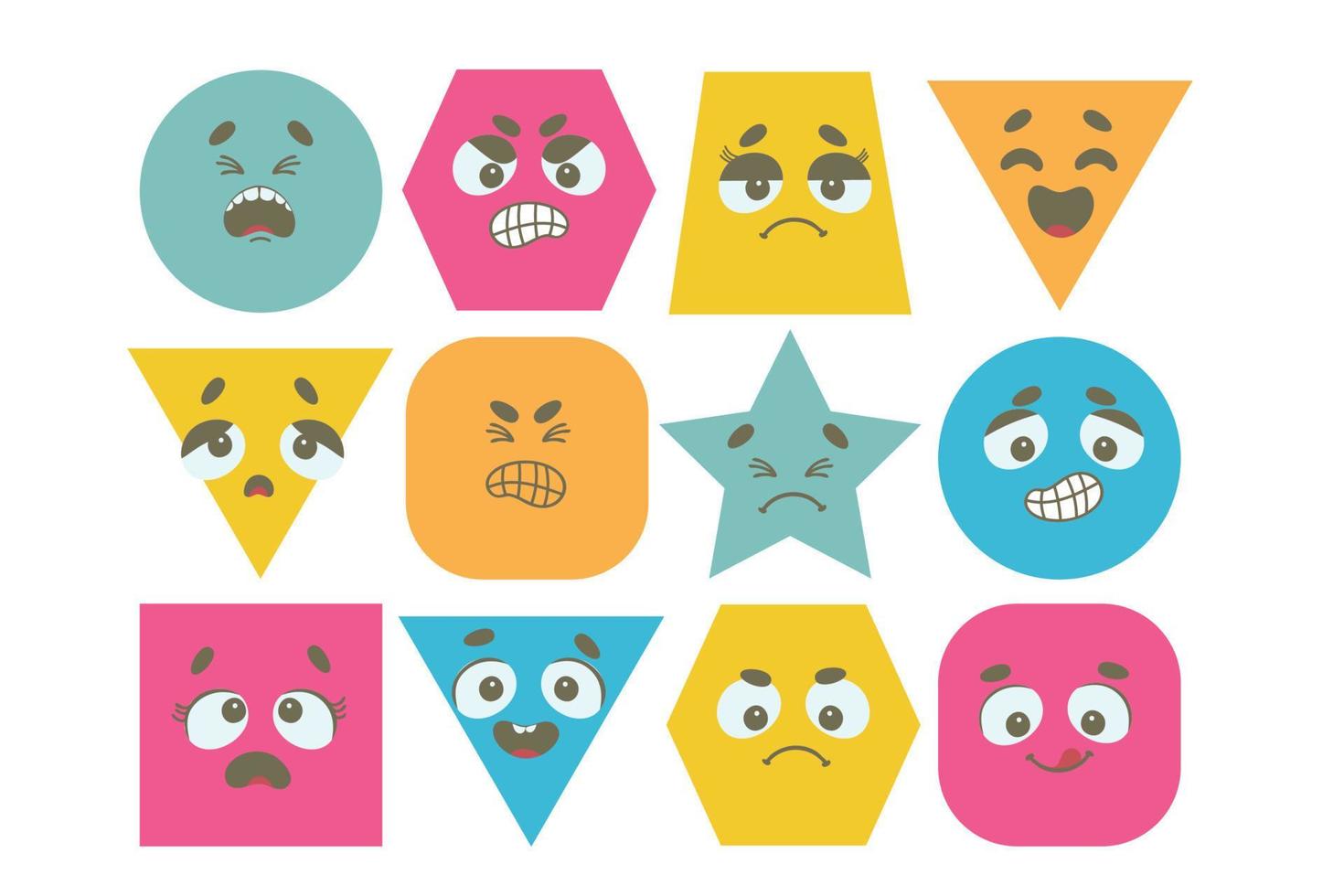 ojos y boca expresivos, sonriente, llorando, carácter sorprendido. conjunto de emoticonos abstractos. el cómic se enfrenta a varias emociones. diseño plano. emoji caras emoticon sonrisa, sentimientos, chat messenger dibujos animados emotes vector