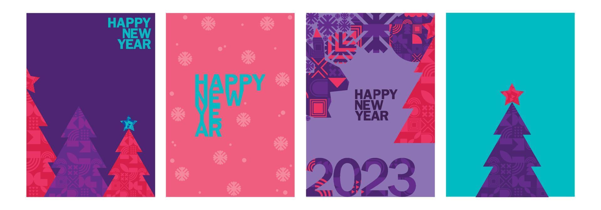 feliz navidad feliz año nuevo banner, juego de tarjetas de felicitación. diseño navideño moderno y moderno. copos de nieve, árbol de navidad. póster mínimo, portada, plantilla de redes sociales. diseño geométrico abstracto chino 2023 vector