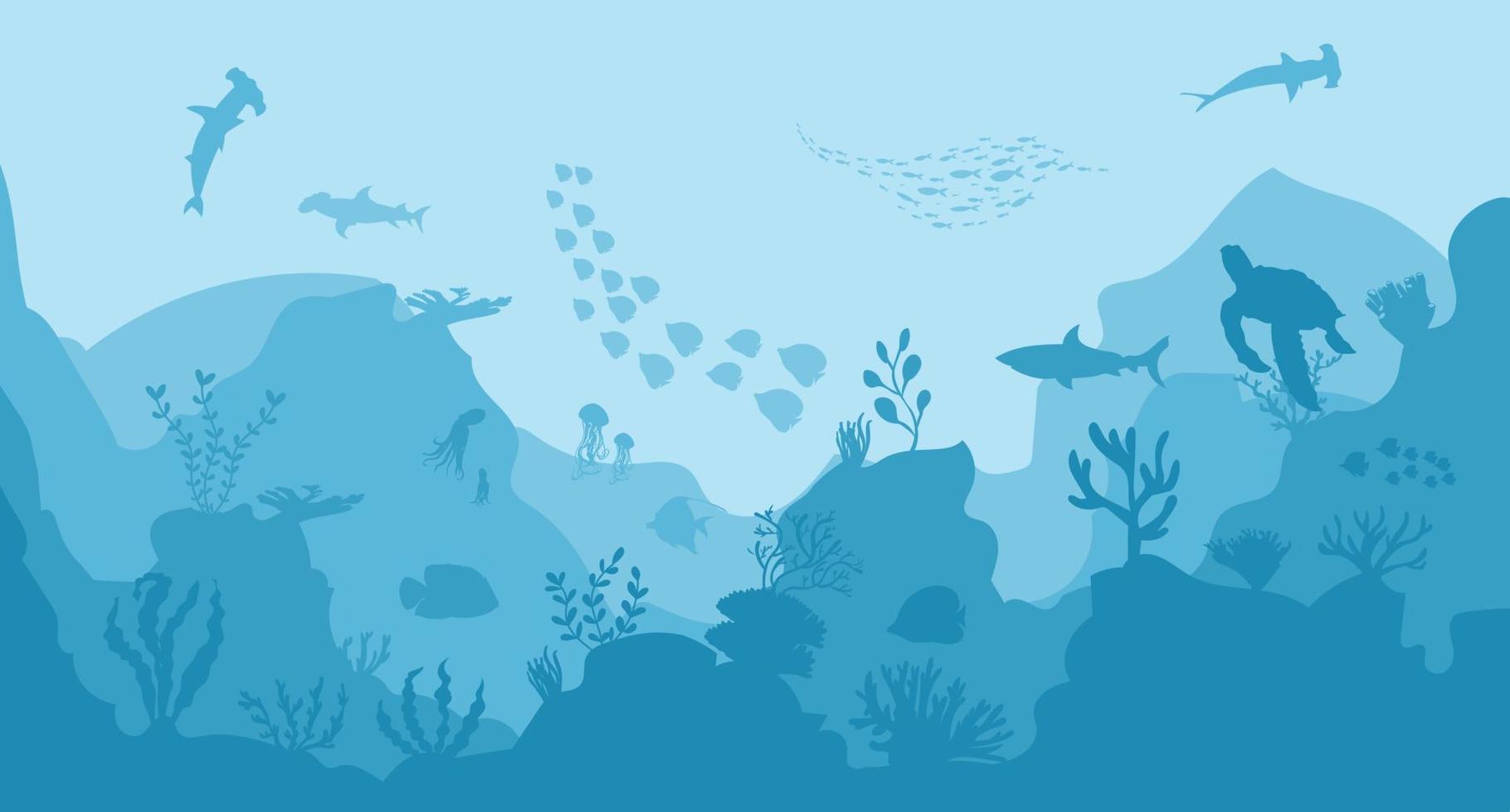 silhouette of coral reef with fish on blue sea background underwater vector illustration