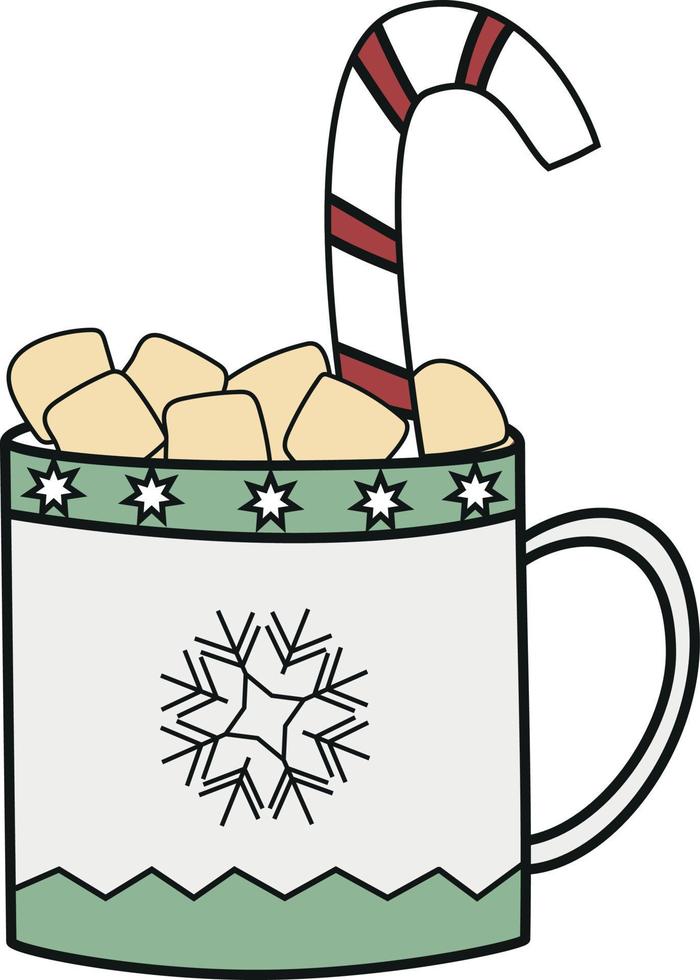 Cup of cocoa with marshmallows and candy, hand drawing, outline drawing, Christmas drink vector